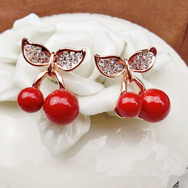 Fashion With Sweet Cherry Color Diamond Pearl Earrings Earrings Jewelry (color: Red)