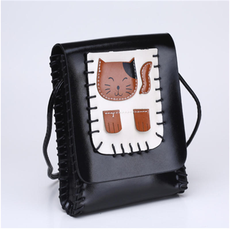 Mini Cartoon Cat Face Adorable Paragraph Hand Shoulder Bag Handbag Xiekua Package Small Mobile Phone(color: Black)