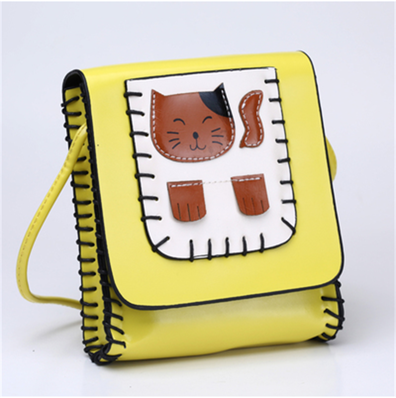 Mini Cartoon Cat Face Adorable Paragraph Hand Shoulder Bag Handbag Xiekua Package Small Mobile Phone(color: Bright Yellow)