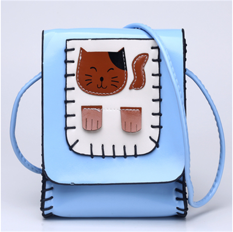 Mini Cartoon Cat Face Adorable Paragraph Hand Shoulder Bag Handbag Xiekua Package Small Mobile Phone(color: Blue)